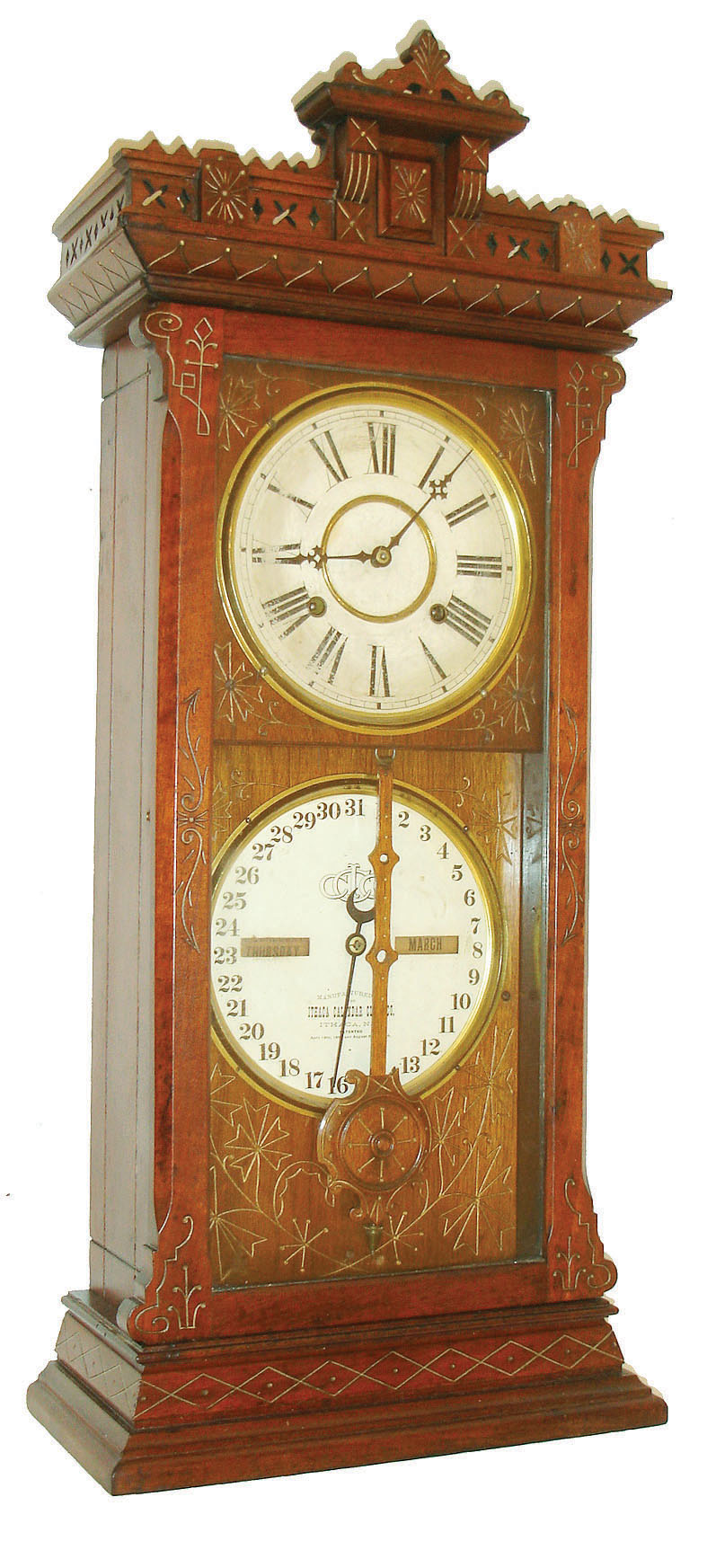 Ithaca Clock Co., Ithaca, New York, "No. 6 1/2 Shelf Belgrade", 8 day, time and strike double dial calendar clock, c1880 — Antique Clocks Price Guide