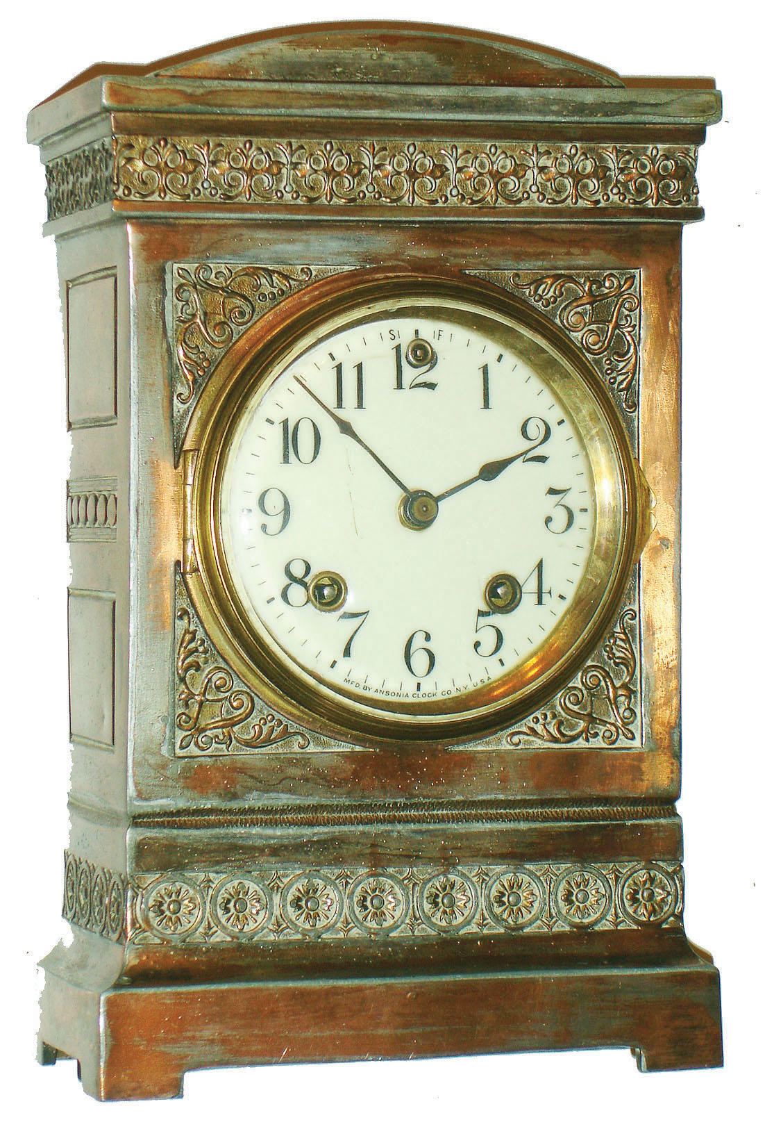 Ansonia Clock Co., New York, "Pylon" cast brass 8 day time and strike mantel clock, c1914 — Antique Clocks Price Guide