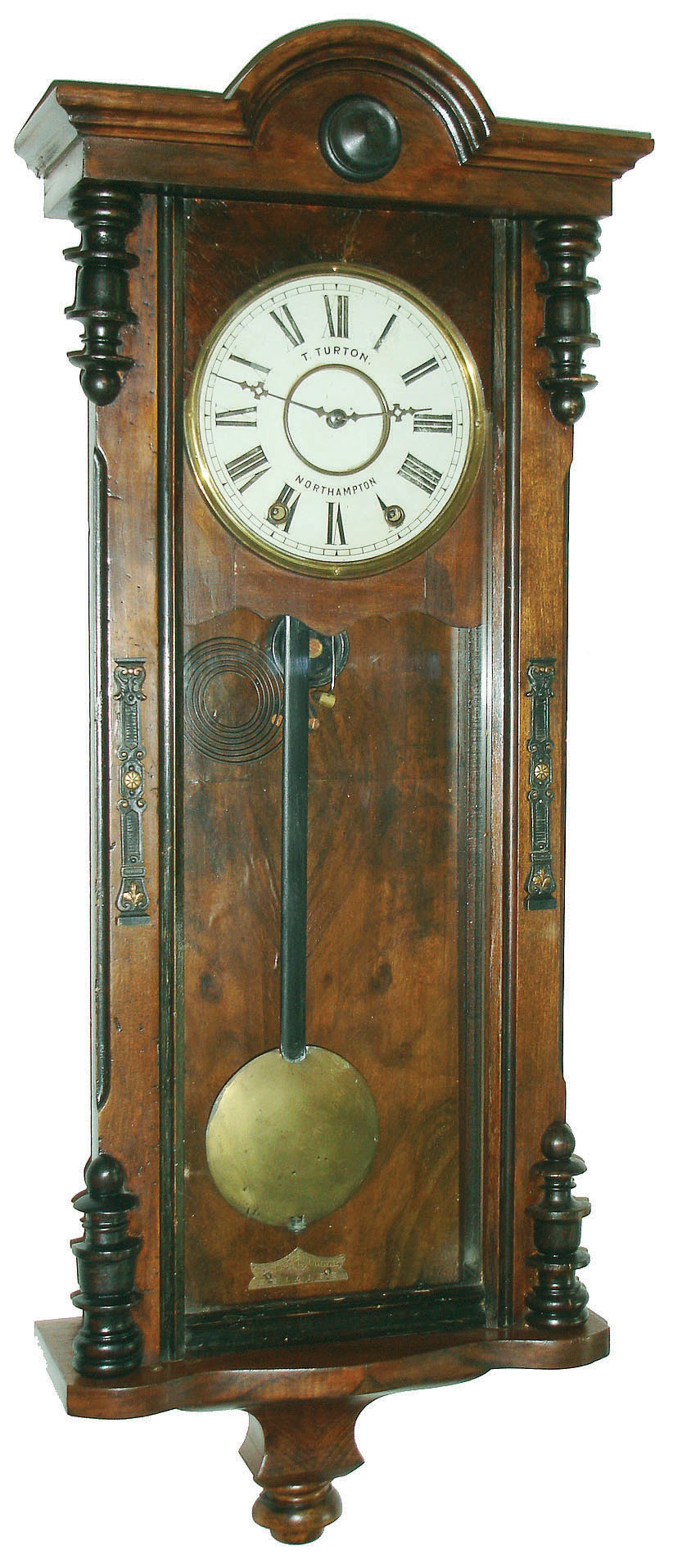 New Haven Clock Co., New Haven, Conn., for T. Turton, Northampton (England) stained wood 8 day time and strike wall clock, c1890 — Antique Clocks Price Guide