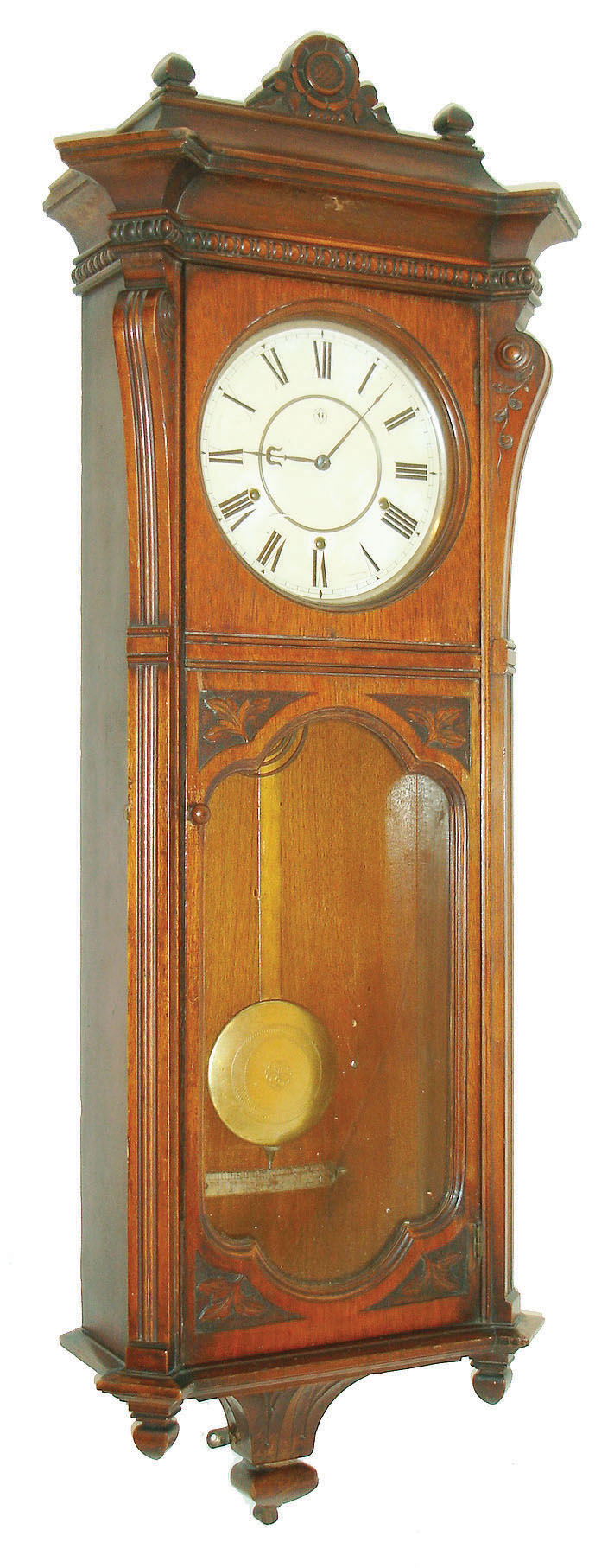Seth Thomas Clock Co., Thomaston, Conn., "Marcy" wall clock, 8 days, time, strike and quarter hour cuff chiming, three train spring driven movement in a mahogany case with painted metal dial, c1880 — Antique Clocks Price Guide