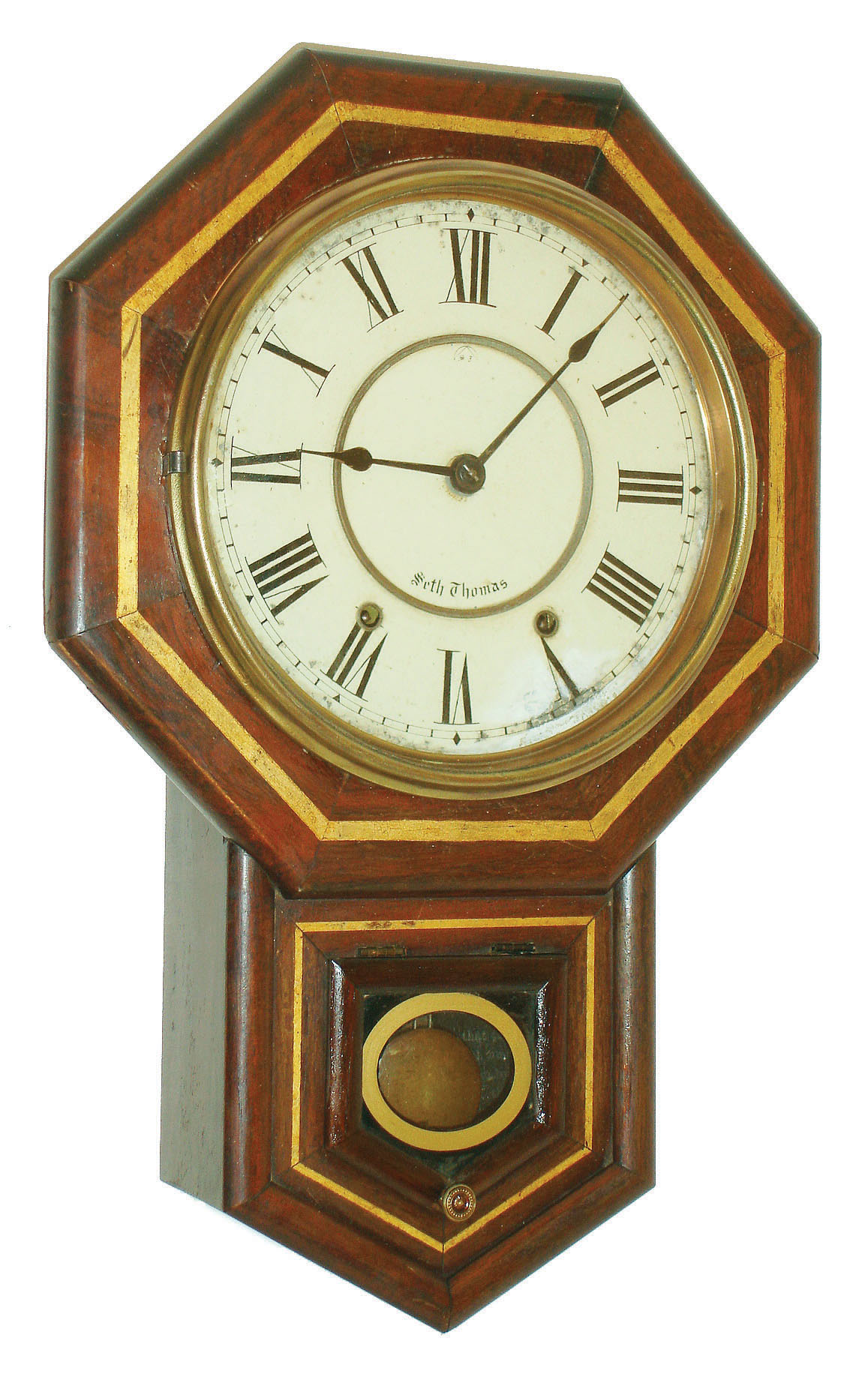 Seth Thomas Clock Co., Thomaston, Conn., "Drop Octagon 10 Inch", 8 day, time and strike schoolhouse wall clock, c1900 — Antique Clocks Price Guide