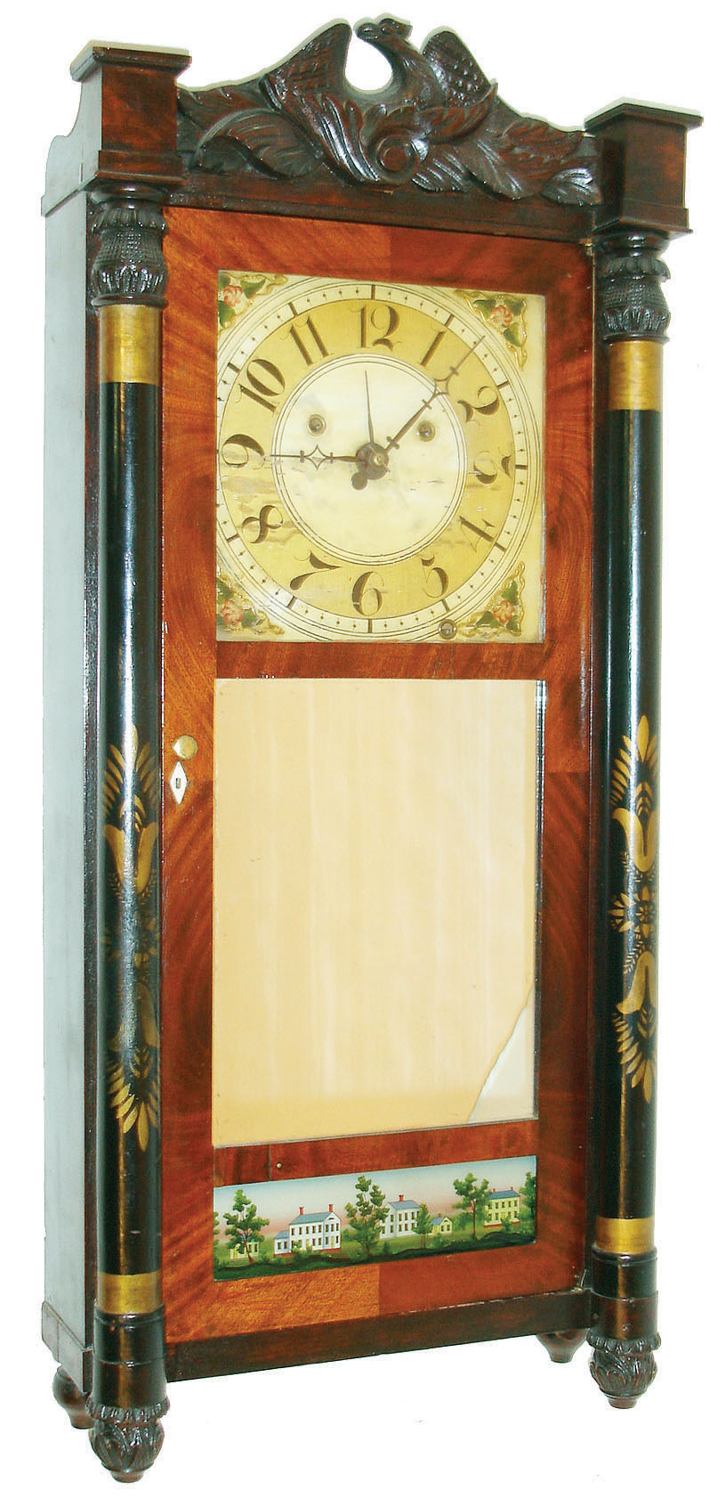 Silas Hoadley, Plymouth, Conn., 30 hour, time, strike and alarm "Franklin" model weight wood movement full round column and carved eagle crest shelf clock, c1830.  A similar example can be found in "American Clocks" by Tran Duy Ly, vol. 3, pg. 71. — Antique Clocks Price Guide