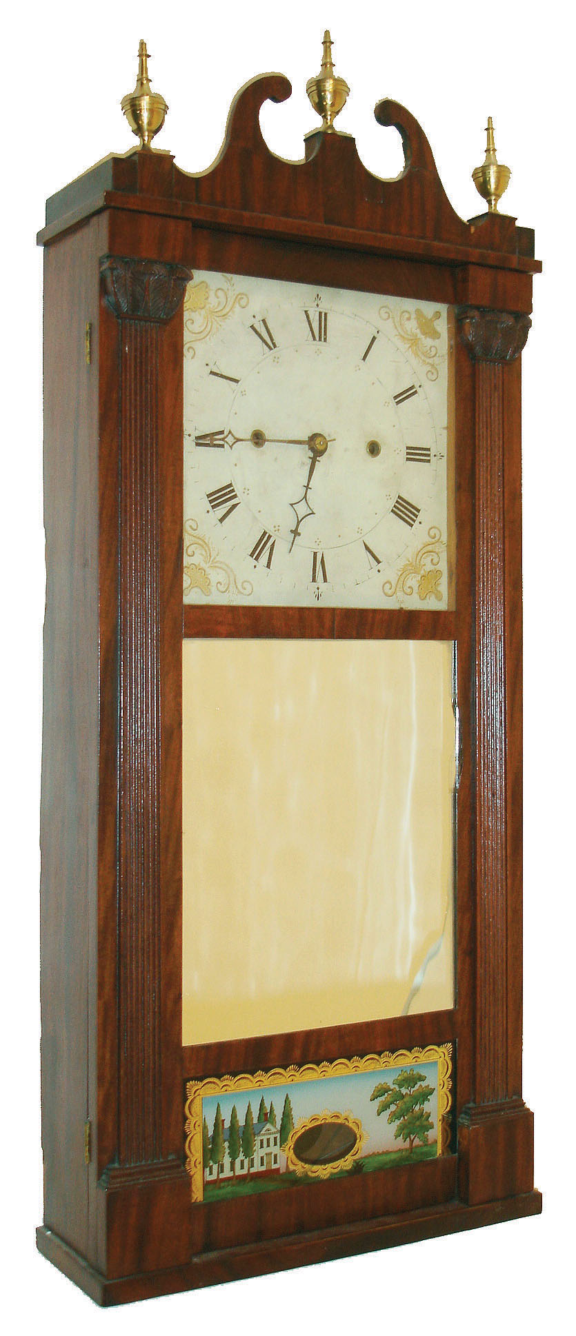 Merriman, Birge and Co., Bristol, Conn., 30 hour, time and strike weight wood movement with roller pinions reeded pilaster & scroll top shelf clock, c1821. — Antique Clocks Price Guide