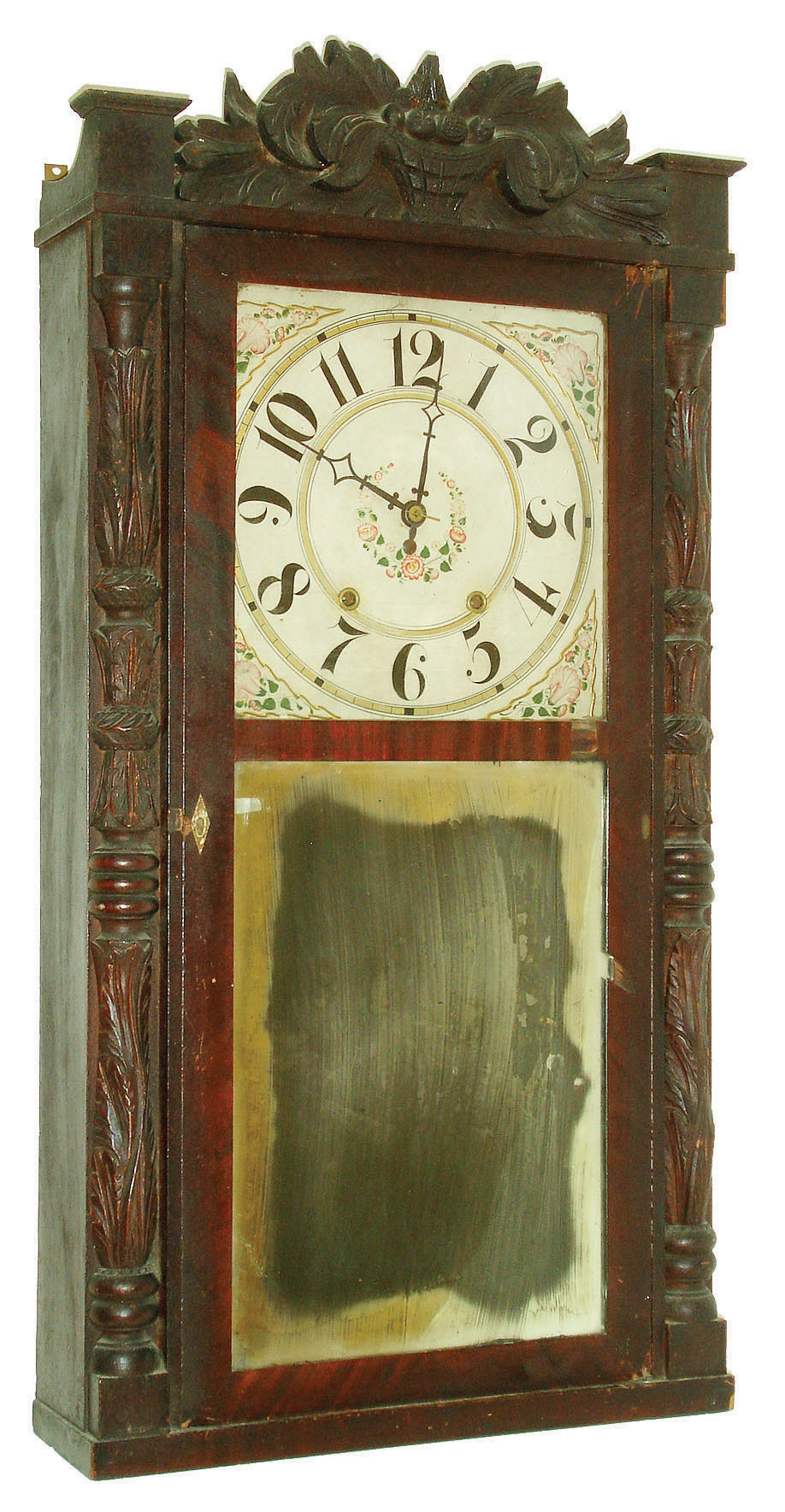 Riley Whiting, Winchester, Conn., 30 hour, time and strike weight wood movement carved column & splat shelf clock, c1830 — Antique Clocks Price Guide