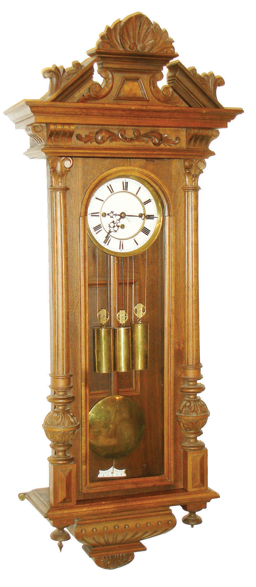 Gustav Becker, Freiburg, Germany, Vienna regulator wall clock, 8 days, time, strike and Grande Sonnerie, three brass weight driven movement in a walnut and walnut  veneer case with two part white enamel dial and second's bit, c1890 s#30036 — Antique Clocks Price Guide