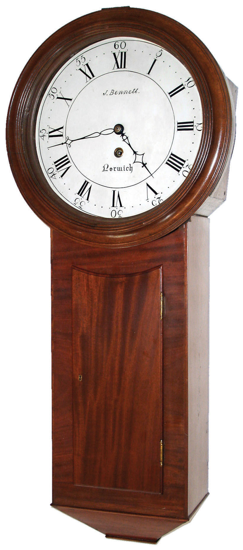 J. Bennett, Norwich, English mahogany 8 day weight driven time only tavern wall clock, c1810 — Antique Clocks Price Guide
