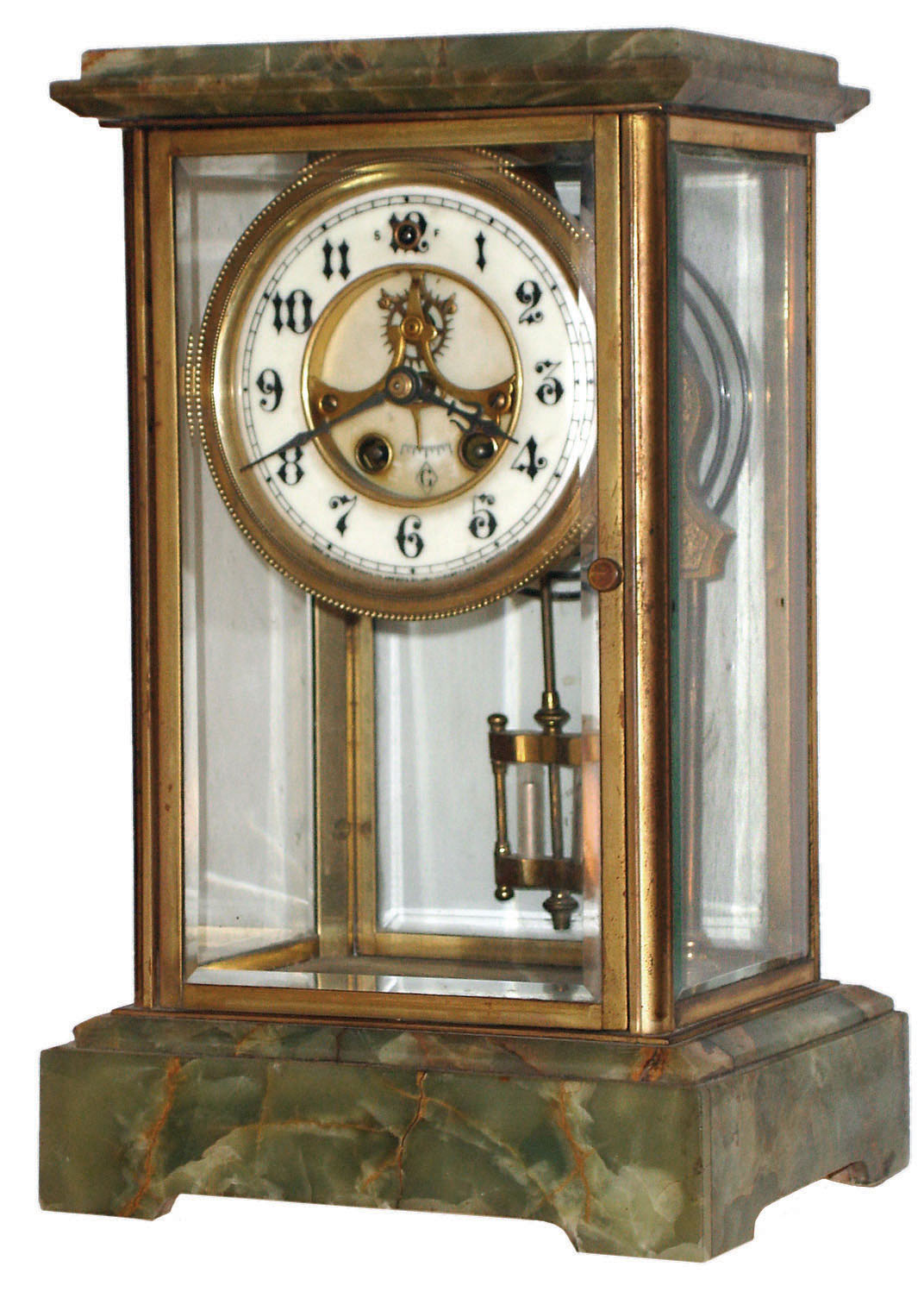 Gilbert Clock Co., Winsted, Conn., "Arden" Brazilian green onyx, brass and beveled glass 8 day time and strike crystal regulator mantel clock, visible escapement, c1910 — Antique Clocks Price Guide