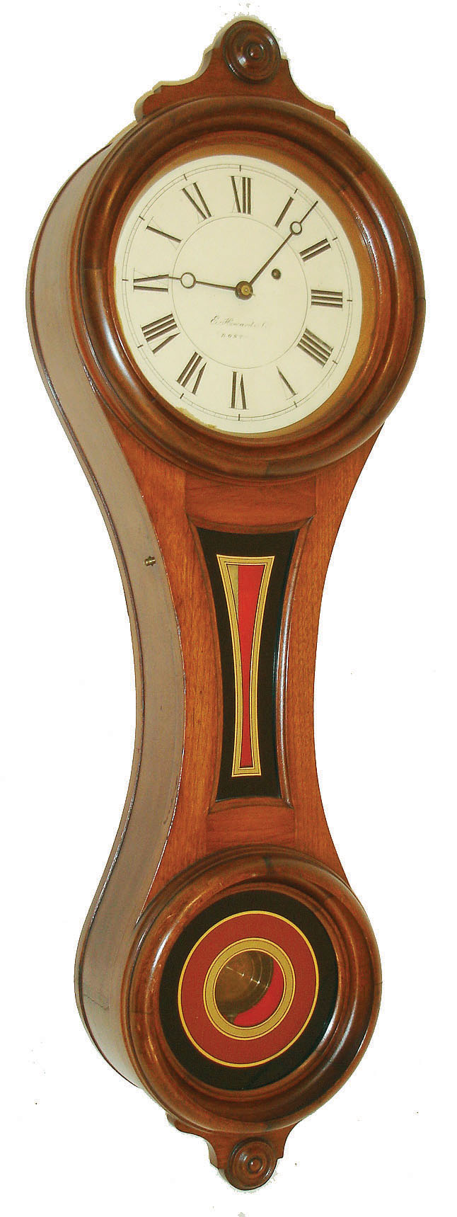 E. Howard & Co., Boston, Mass., "No. 9 Regulator" figure eight wall clock, 8 days, time only, weight driven movement in a walnut case with painted metal dial and reverse painted tablets, c1880 — Antique Clocks Price Guide