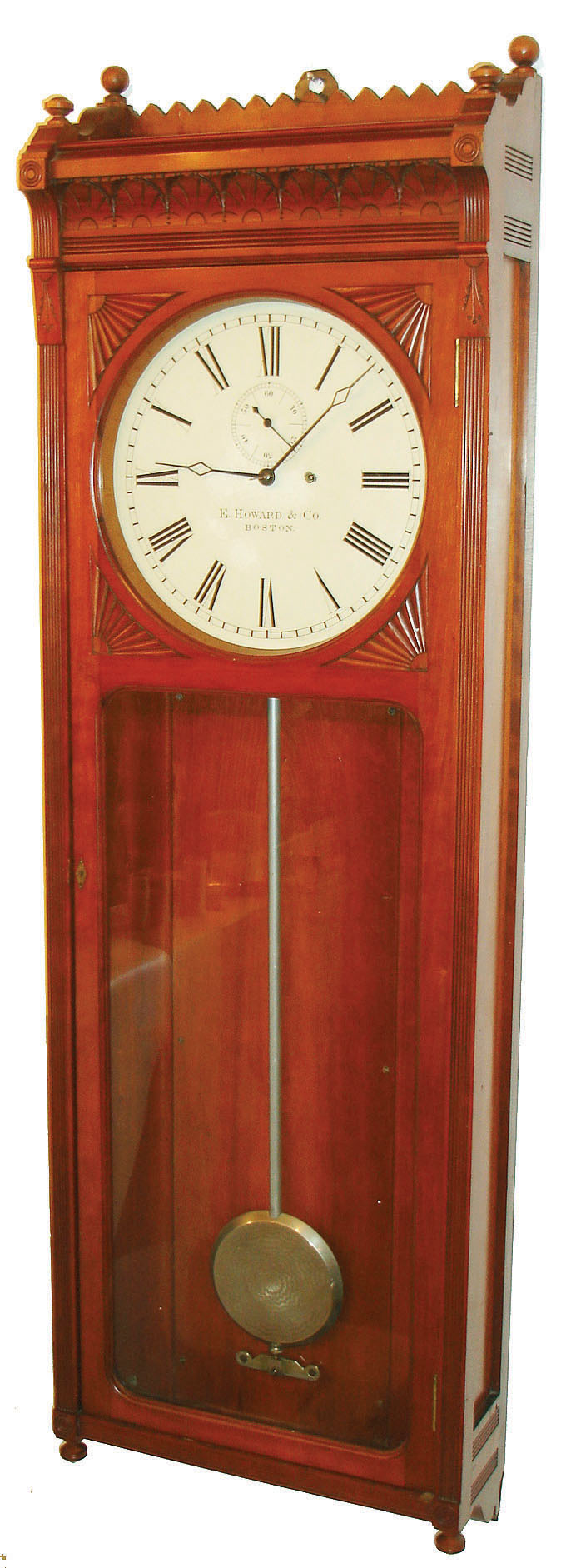 E. Howard & Co., Boston, Mass., "No. 72 Regulator" wall clock, 8 days, time only, weight driven movement in a cherry case with painted metal dial, c1880 — Antique Clocks Price Guide