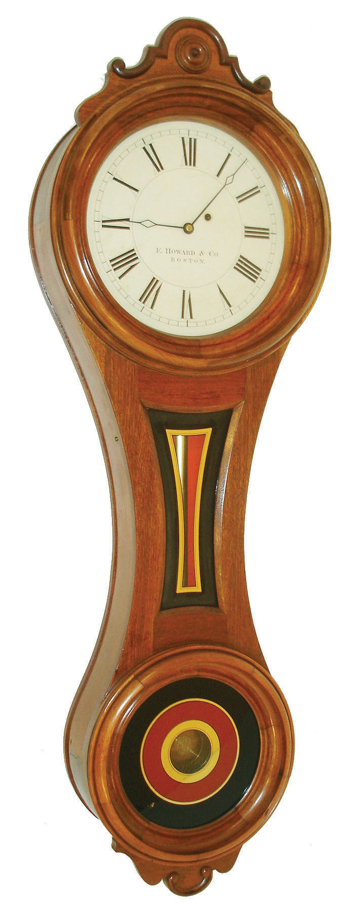 E. Howard & Co., Boston, Mass., "No. 7 Regulator" figure eight wall clock, 8 days, time only, weight driven movement in a walnut case with painted metal dial and reverse painted tablets, c1880 — Antique Clocks Price Guide
