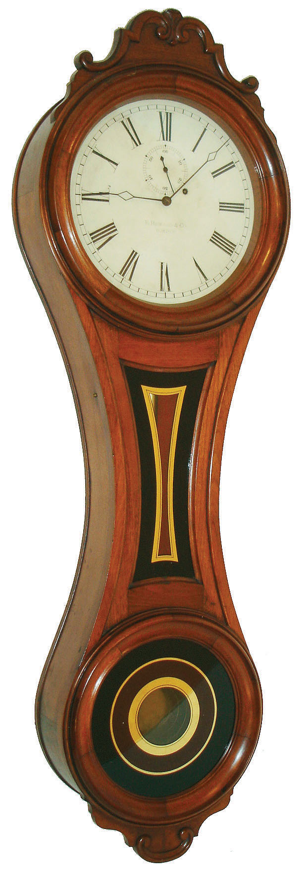 E. Howard & Co., Boston, Mass., "No. 6 Regulator" figure eight wall clock, 8 days, time only, weight driven movement in a walnut case with painted metal dial and reverse painted tablets, c1880 — Antique Clocks Price Guide