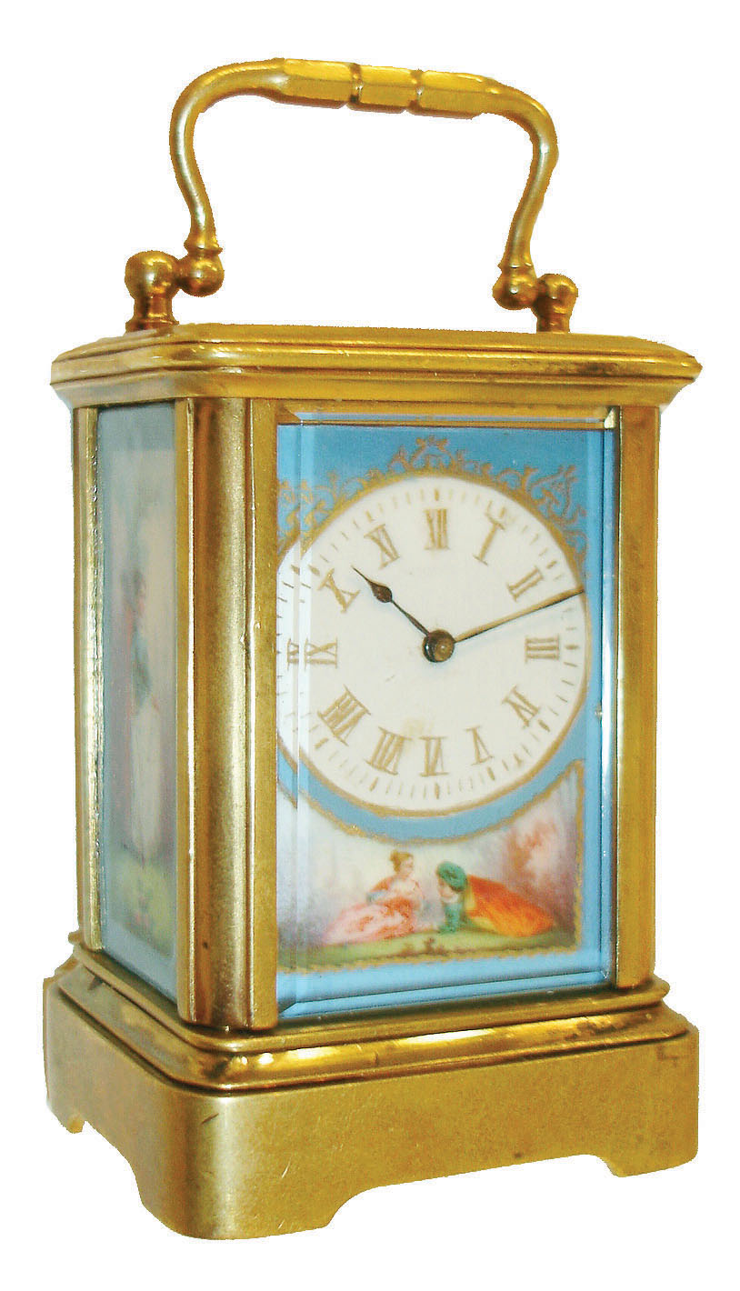 France, for Tiffany & Co., mignonette #1 carriage clock, gilt Corniche case with polychrome decorated porcelain panels, the front with Roman numeral dial surrounded with a gilt border, above a scene with a couple reclining in a landscape, the right panel with a landscape and a boy, the left with a girl in a similar scene, the back flowers and trees, and with buildings in the distance, 8 day time only movement, with lever platform, case signed "Tiffany & Co." on base inside the back door, c1900 — Antique Clocks Price Guide