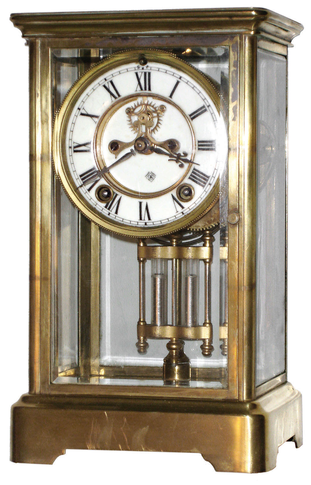 Ansonia Clock Co., New York, "Prism" 8 day time and strike crystal regulator mantel clock, visible escapement, c1914 — Antique Clocks Price Guide