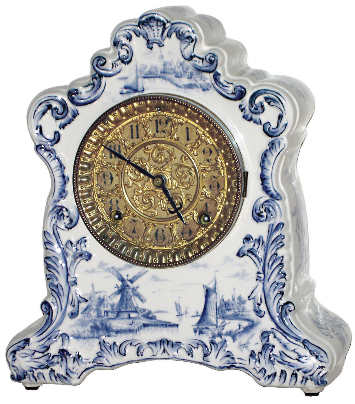 Ansonia Clock Co., New York, , 8 day time and strike Delft style porcelain mantel clock, c1900 — Antique Clocks Price Guide