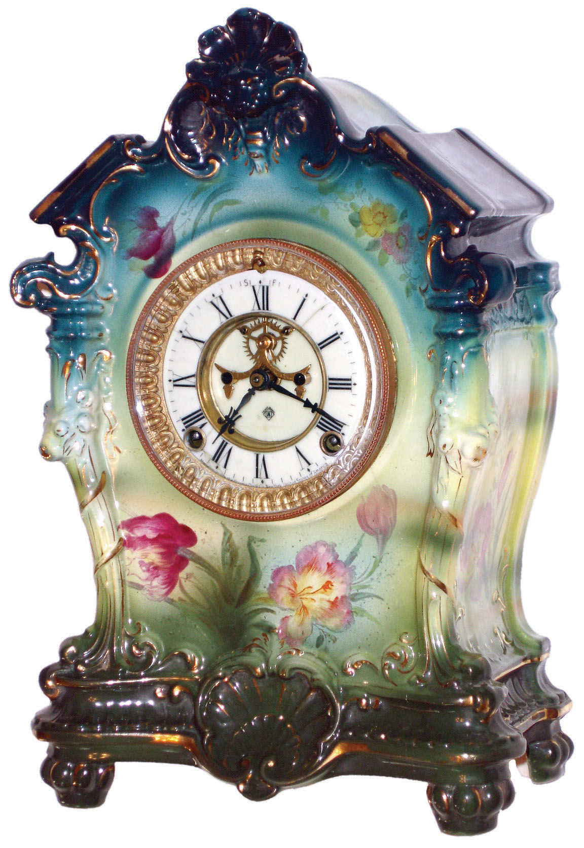 Ansonia Clock Co., New York, Royal Bonn "La Tosca" green porcelain 8 day time and strike mantel clock, visible escapement,  c1905 — Antique Clocks Price Guide
