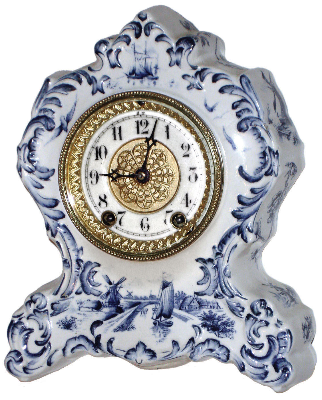 Waterbury Clock Co., Waterbury, Conn., Delft style porcelain 8 day time and strike small mantel clock, c1900 — Antique Clocks Price Guide