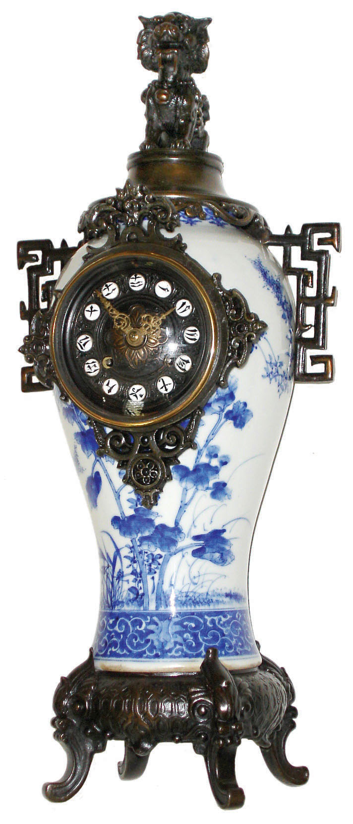 French, for the Oriental market, porcelain and bronze 8 day time and strike urn-form mantel clock, c1880 — Antique Clocks Price Guide