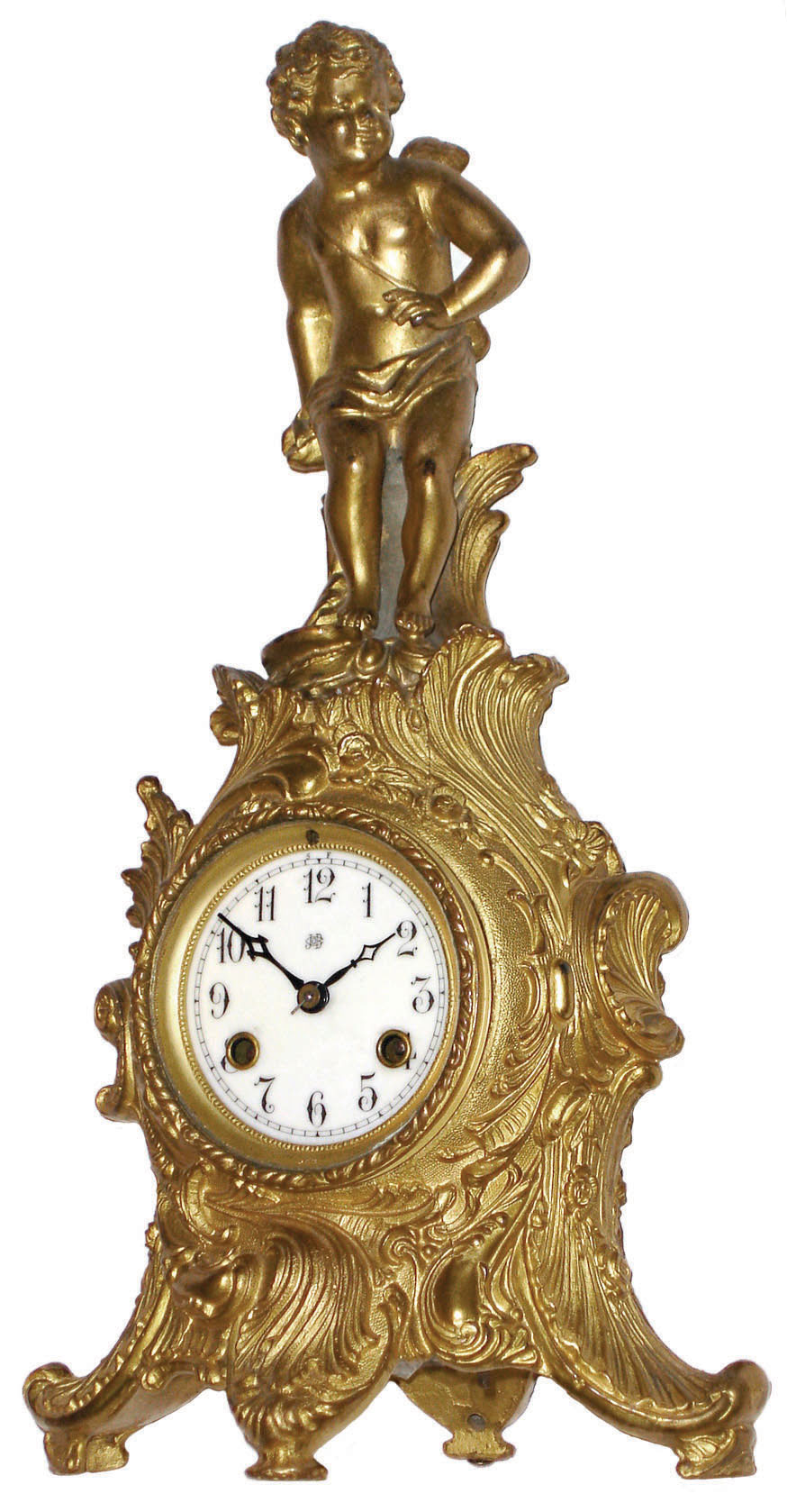 Jennings Brothers, Bridgeport, Conn, cast gilt spelter 8 day time and strike figural clock with Waterbury movement, c1910 — Antique Clocks Price Guide
