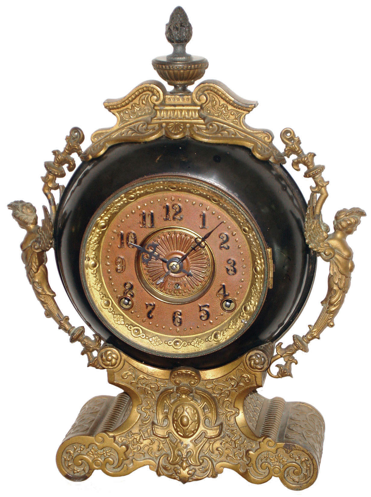 F. Kroeber Clock Co., New York, "India" 8-day enameled iron and cast brass time and strike mantel clock, c1885 — Antique Clocks Price Guide