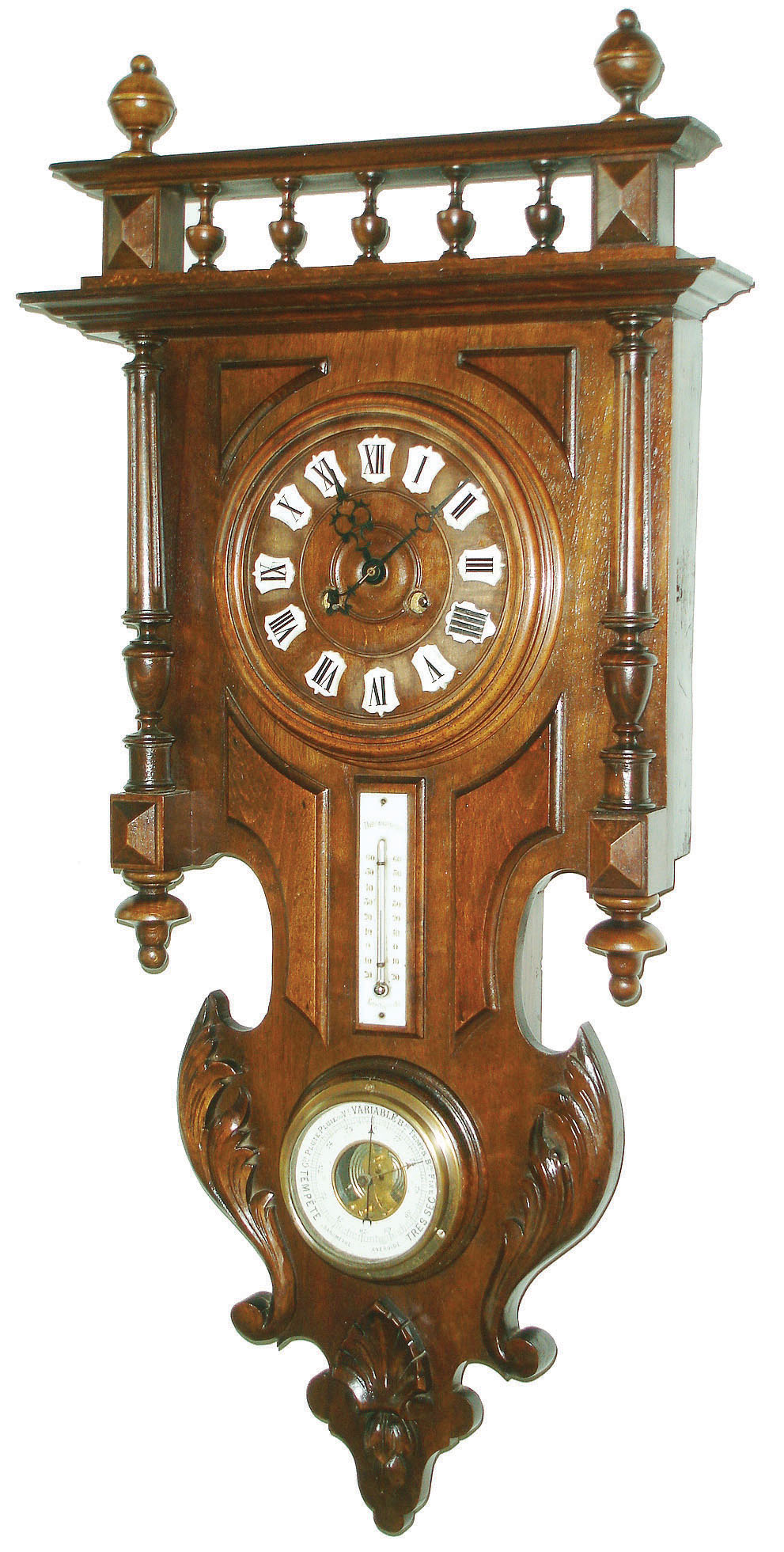 French walnut 8 day time and strike wall clock with thermometer and barometer, c1910 — Antique Clocks Price Guide