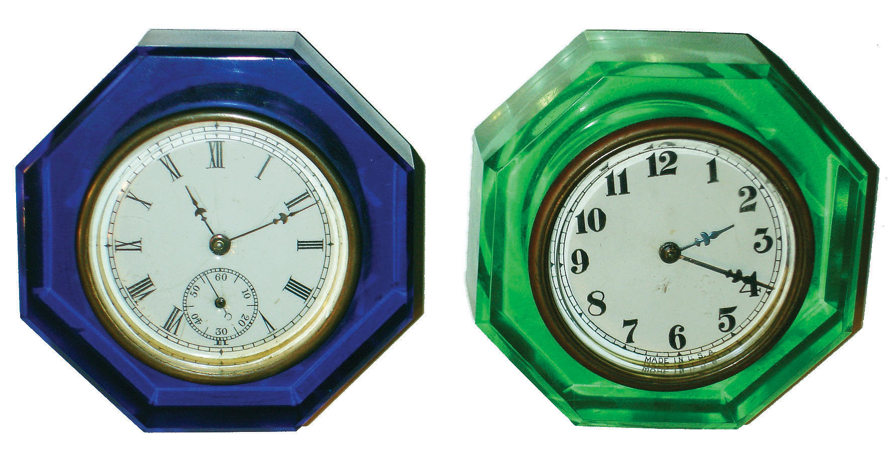 Clocks- 2 (Two) 1= E.N. Welch Mfg. Co., " Jewel", in blue, 30-hour time only glass paperweight novelty clock, c.1885; 2- Sessions "Crystal" in emerald green, c.1915 — Antique Clocks Price Guide