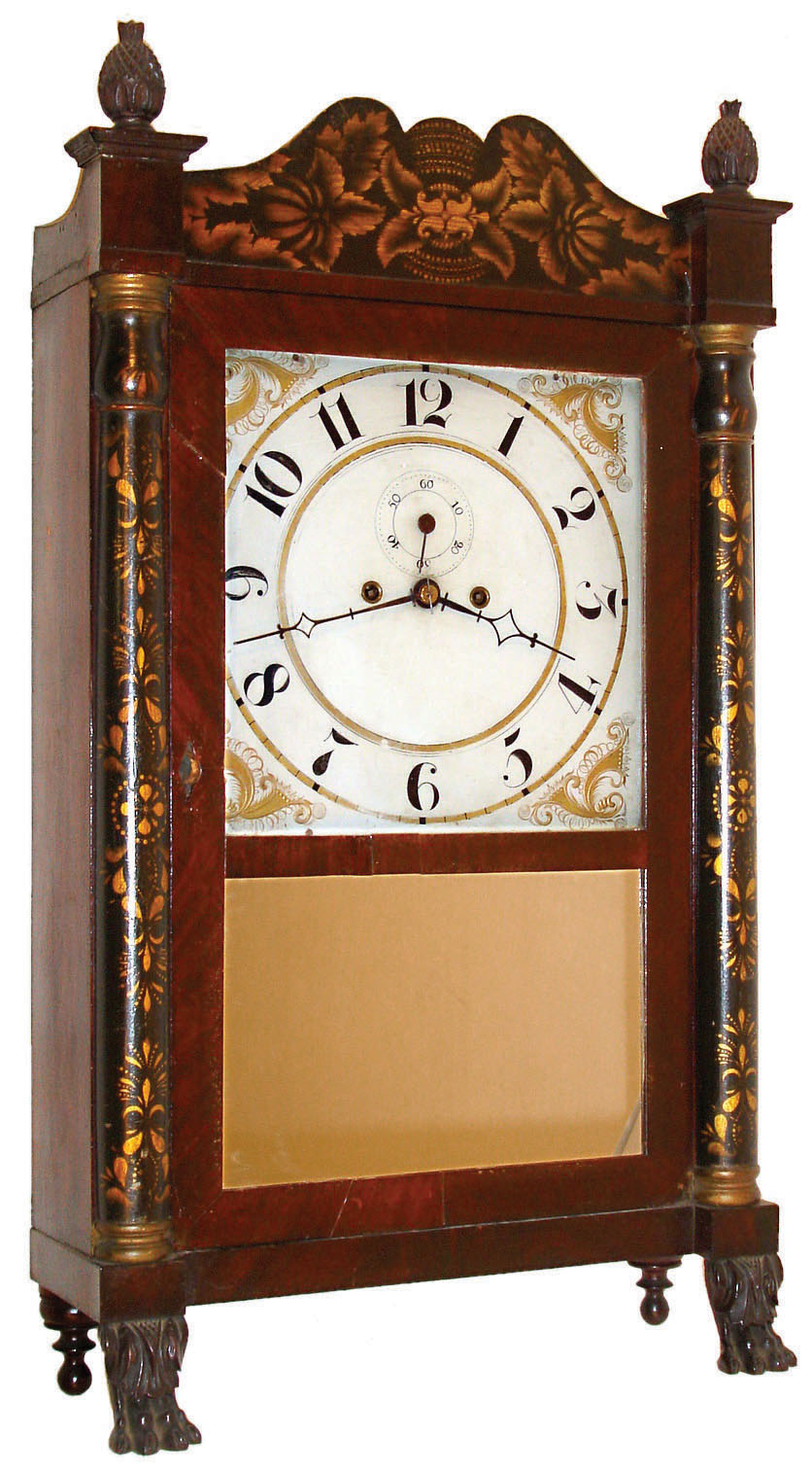Spencer, Hotchkiss & Co., Salem Bridge, Conn., 8 day, time and strike weight brass Salem Bridge movement half column & splat shelf clock, c1830 — Antique Clocks Price Guide