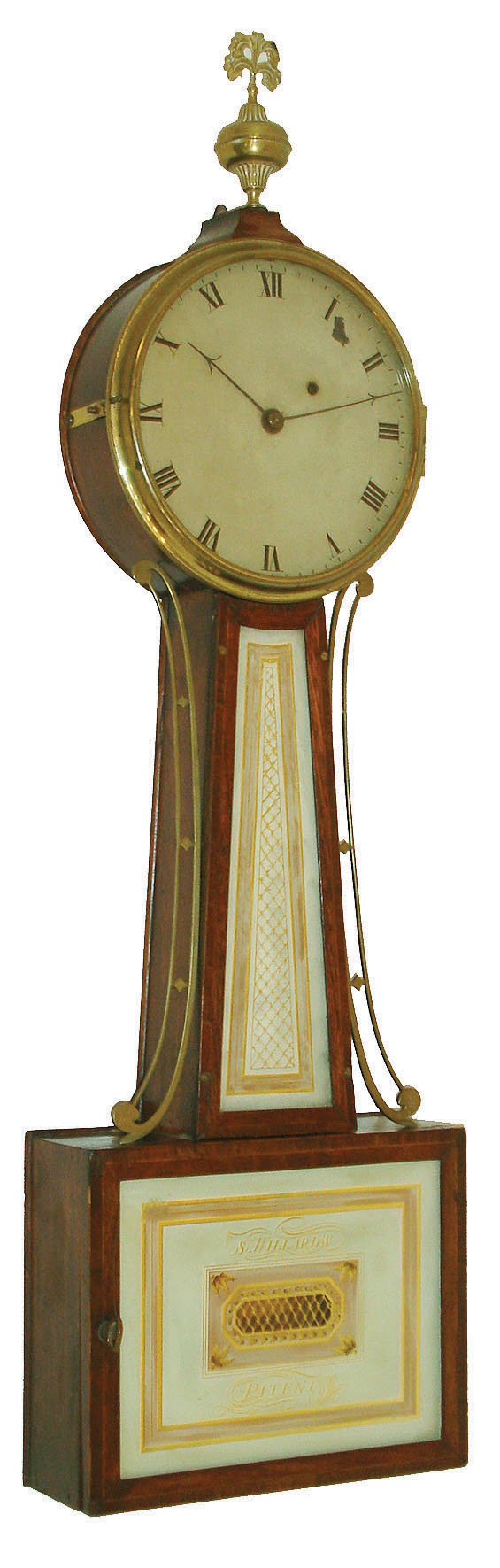Massachusetts, 8 day, weight brass movement banded mahogany case patent or banjo timepiece, c1812.  This timepiece could be by Aaron Willard, Jr., as an example of the movement in this timepiece matches one pictured in "Willard's Patent Timepieces" by Paul Foley, pg 51 showing the three spoke hour wheel. — Antique Clocks Price Guide