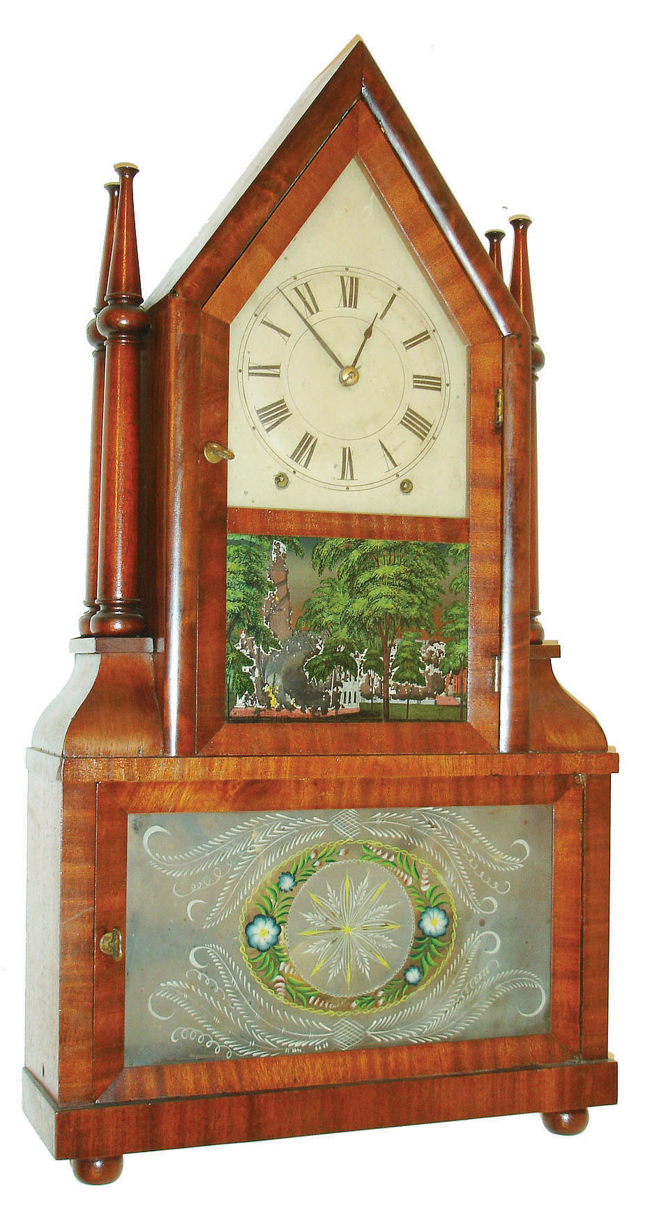 Birge & Fuller, Bristol, Conn., 8 day, time and strike wagon spring steeple on frame with candle finials or double steeple, c1845 — Antique Clocks Price Guide