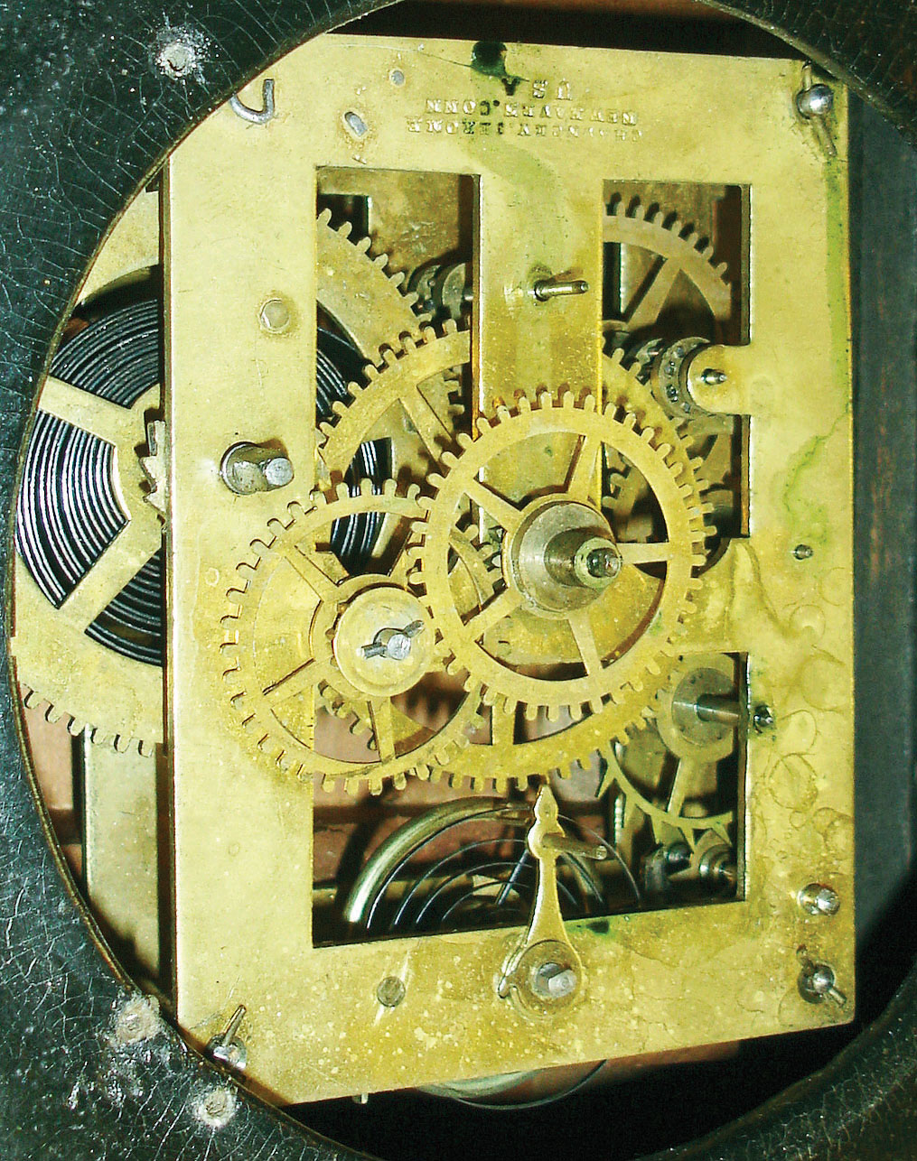 Chauncey Jerome, New Haven, Conn., 8 day, brass lever movement paper mache with MOP and painted decoration mantel timepiece, c1850 — Antique Clocks Price Guide