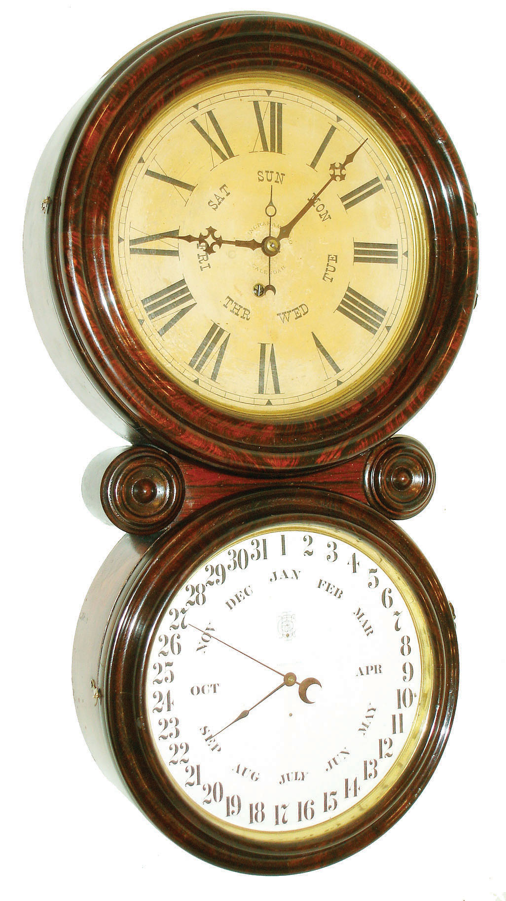 The E. Ingraham & Co., Bristol, Conn., "Ionic Calendar" figure eight wall clock, 8 days, time and B.B. Lewis perpetual calendar, spring driven movement in a rosewood grained case with papered dials, c1880 — Antique Clocks Price Guide