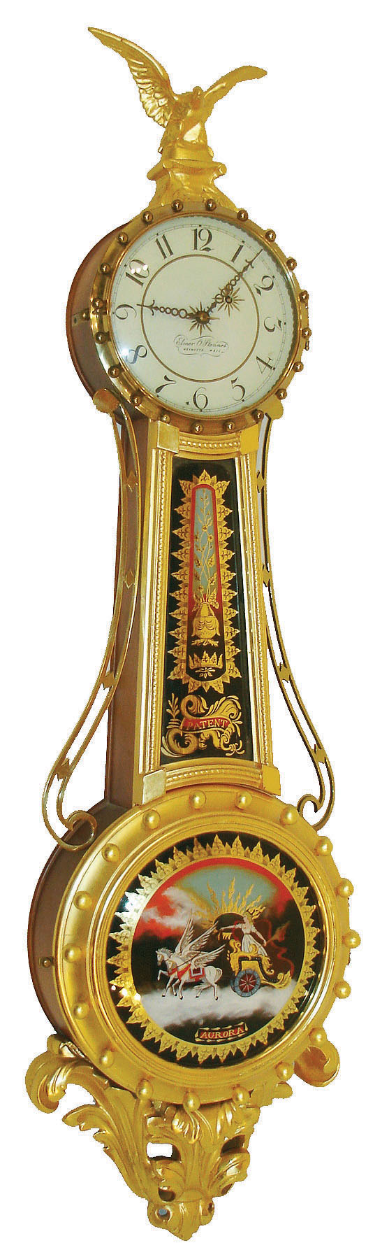 Elmer O. Stennes, Weymouth, Mass., "Girandole" wall clock, 8 days, time only, weight driven movement in a gold leafed mahogany case with painted metal dial and convex reverse painted throat and lower tablets, dated 1973, serial #48 — Antique Clocks Price Guide
