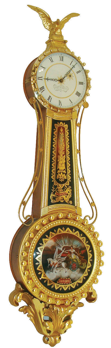 Elmer O. Stennes, Weymouth, Mass., "Girandole" wall clock, 8 days, time only, weight driven movement in a gold leafed mahogany case with painted metal dial and convex reverse painted throat and lower tablets, serial #21 — Antique Clocks Price Guide