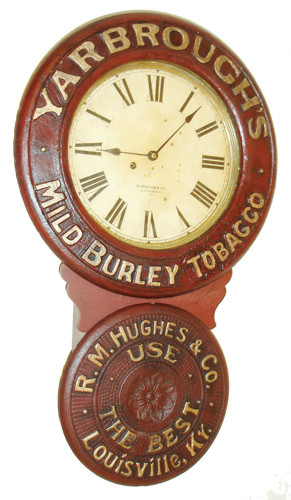 Baird Clock Co., Plattsburgh, NY, "Yarbrough's Mild Burley Tobacco" advertising wall clock, 8 days, time only, spring driven movement in wooden case with paper mache doors and paper dial, c1893 — Antique Clocks Price Guide