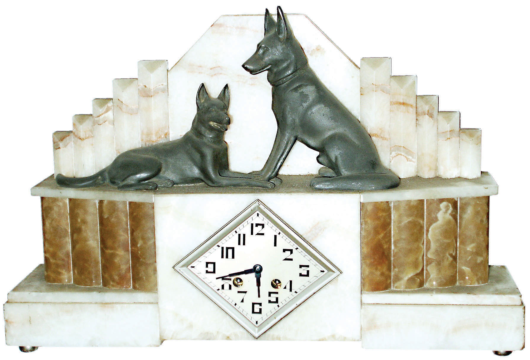 French Art Deco style white marble 8 day time and strike mantel clock with German Shepherd Dogs, c1920 — Antique Clocks Price Guide