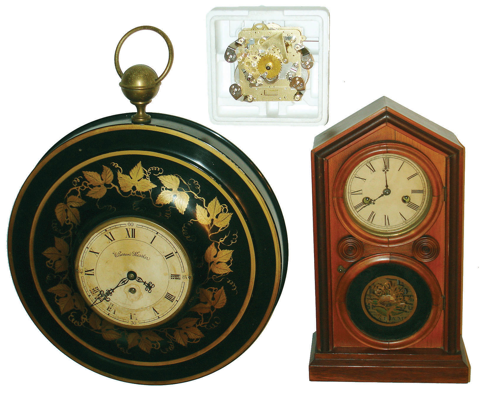 Clocks- 3 (Three): E. Ingraham "Doric" mahogany 30 hour time and strike; Tole painted tin gallery clock; Hermle 141-040 38cm pendulum movement; 19th and 20th century. — Antique Clocks Price Guide