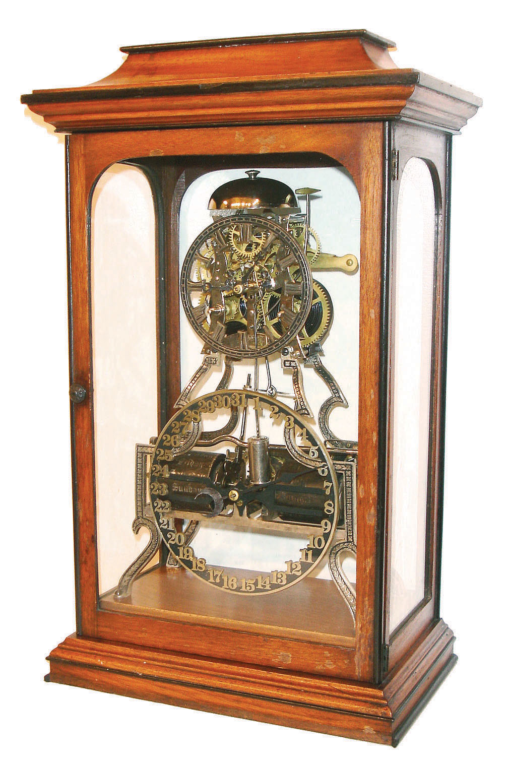 Ithaca Calendar Clock Co., Ithaca, NY, "Box Skeleton" shelf clock, 8 days, time and strike, spring driven movement in a mahogany with ebonized trim  cabinet glass sided case, c1875 — Antique Clocks Price Guide