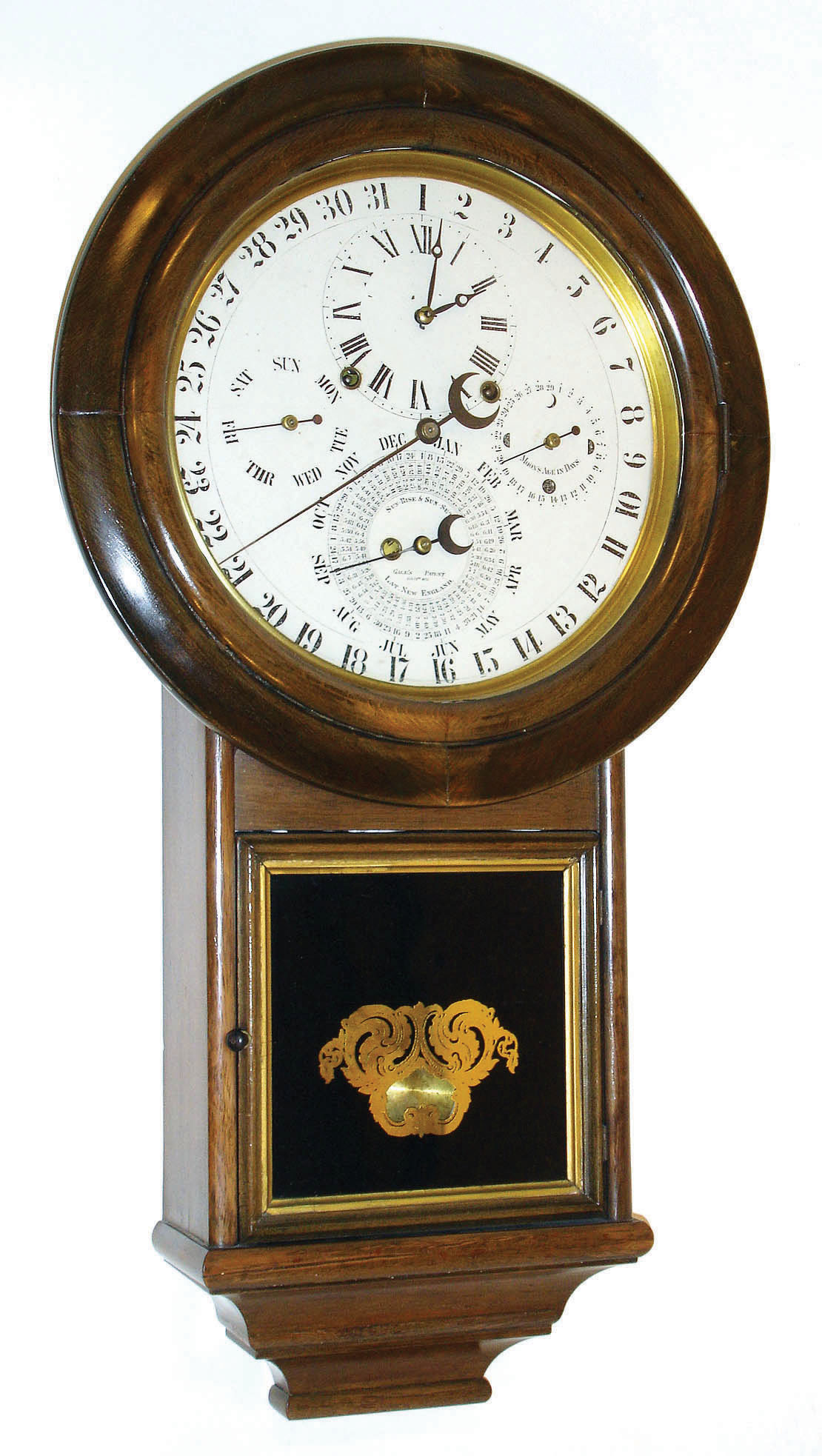 Welch, Spring & Co., for D. J. GALE, "Round Drop No. 2", Astronomical calendar clock, 8-day time and strike, original painted dial showing patent date of Feb 1871,  c1875 — Antique Clocks Price Guide