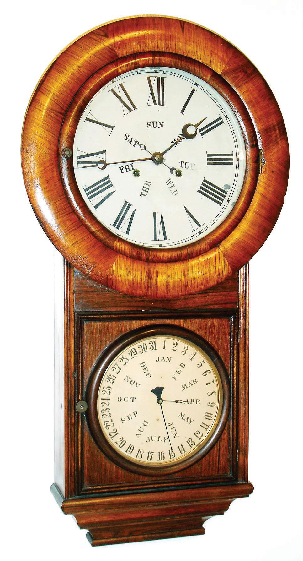 Welch, Spring & Co., "No. 2 Regulator", weight driven double dial calendar clock, with B B Lewis lower mechanism for month and date, and with central hand on time dial for days of the week,  with quality 2-wt timepiece movement at top, c1878. — Antique Clocks Price Guide