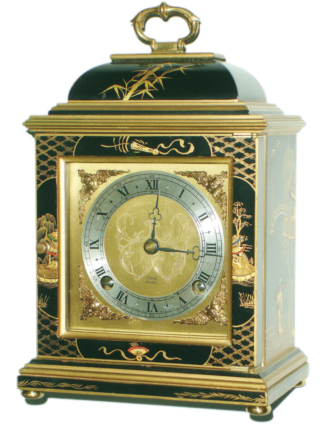 F.W. Elliott, Croydon, England, Japanned wood 8 day time and strike small bracket clock, 1972 — Antique Clocks Price Guide