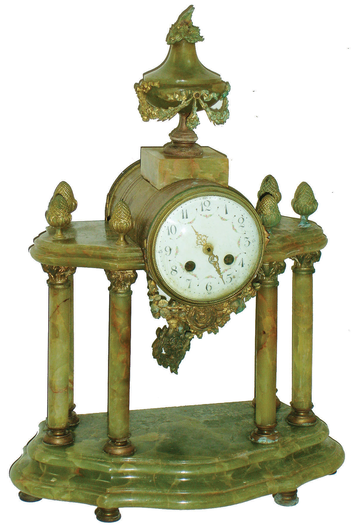 French green onyx 8 day time and strike 6-column mantel clock, A.D. Mougin movement, c1900 — Antique Clocks Price Guide