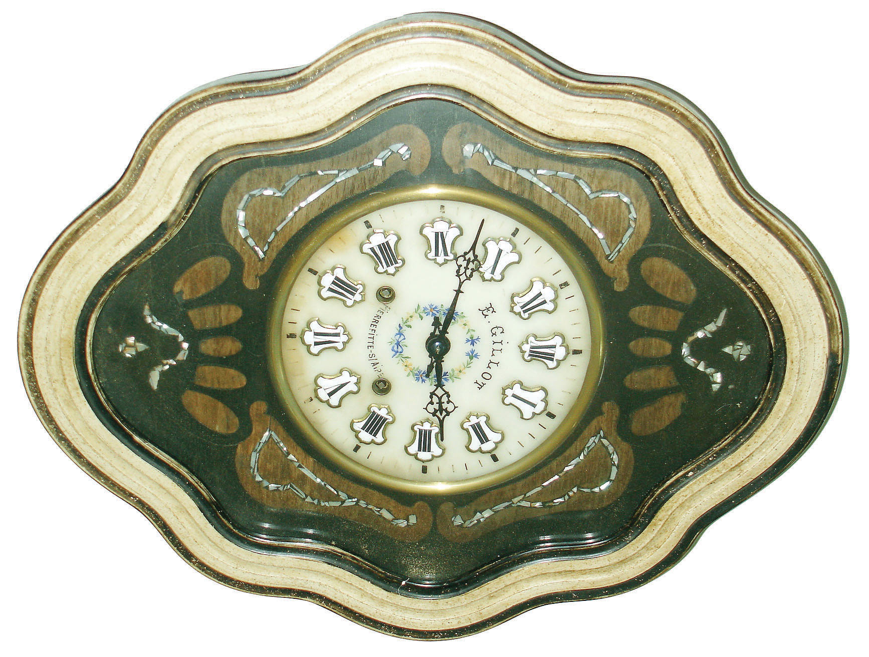 French Morbier "Bakery" ebonized and painted wood 8 day time and strike wall clock, c1880 — Antique Clocks Price Guide