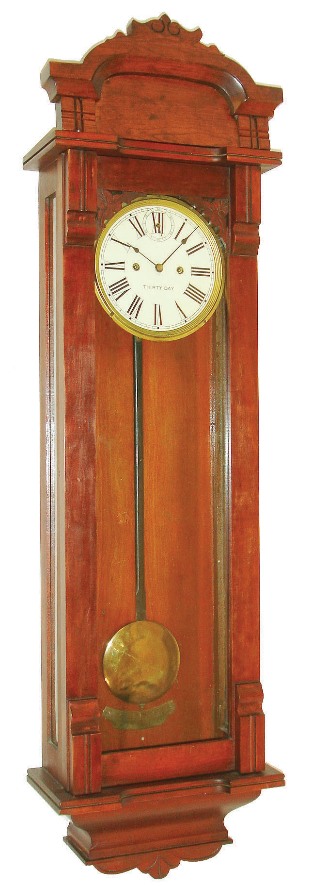 New Haven Clock Co., New Haven, Conn., "Columbia" wall clock, 30 days, time only, double spring driven movement in a cherry case with painted metal dial, c1911 — Antique Clocks Price Guide
