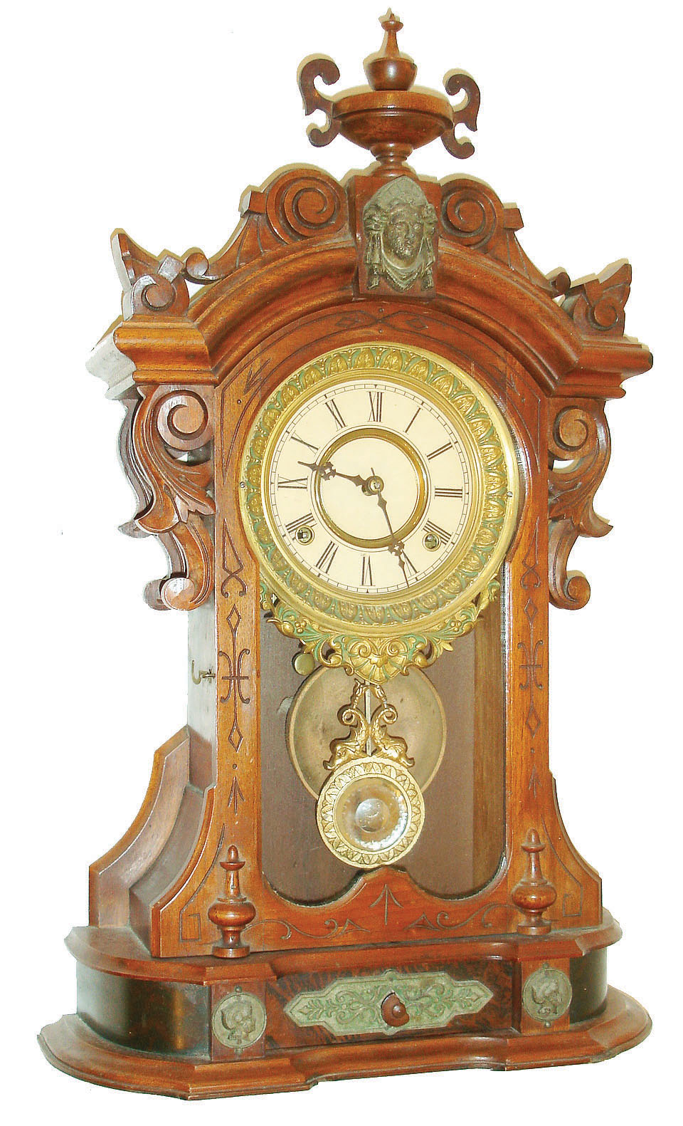Ansonia Clock Co., Ansonia, Conn., "Monarch", 8 day, time and strike spring brass movement shelf clock, c1880 — Antique Clocks Price Guide