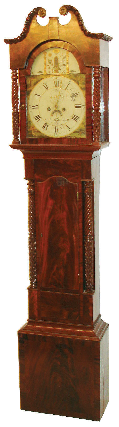 Joseph Martin & Son, New York, New York, tall clock, 8 days, time, strike and calendar, weight driven brass movement in a mahogany and crotch mahogany veneer case with four fancy fully turned columns flanking trunk and hood doors, deeply carved broken arch pediment and painted iron dial with symbolic fraternal scene in arch and four seasons in corners, c1825 — Antique Clocks Price Guide