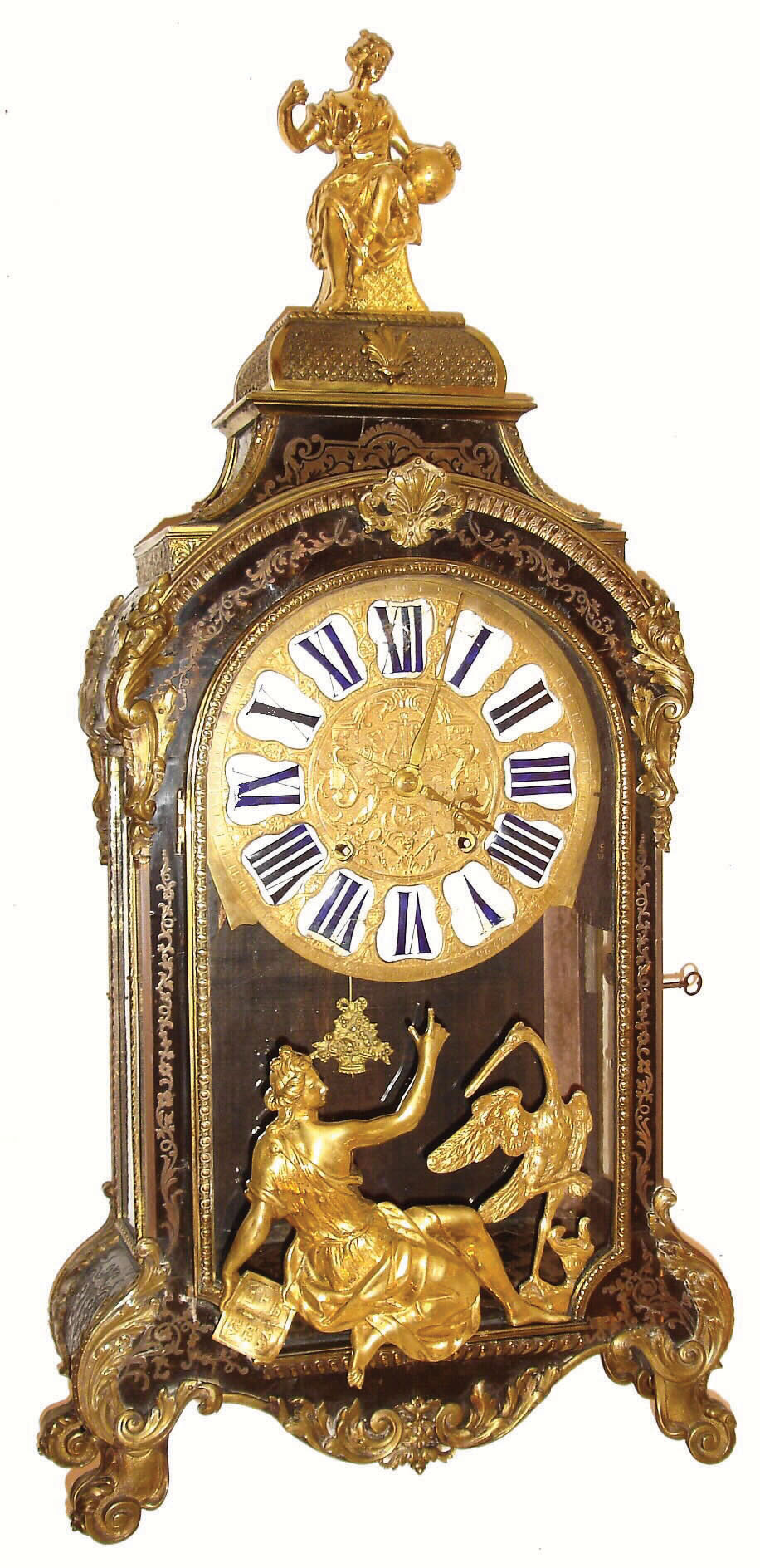 French, Louis XVI, large Boulle shelf clock, with inlaid engraved brass and ormolu mounts, the movement unsigned, a wide unit with tic-tac/anchor escapement and count wheel striking, silk suspension, c1780 — Antique Clocks Price Guide