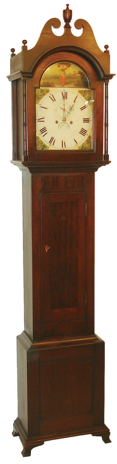 Nova Scotia, Canada, tall clock, 8 days, time and strike, weight driven English brass movement in a cherry case with mahogany veneer highlights and painted iron dial, c1820 — Antique Clocks Price Guide