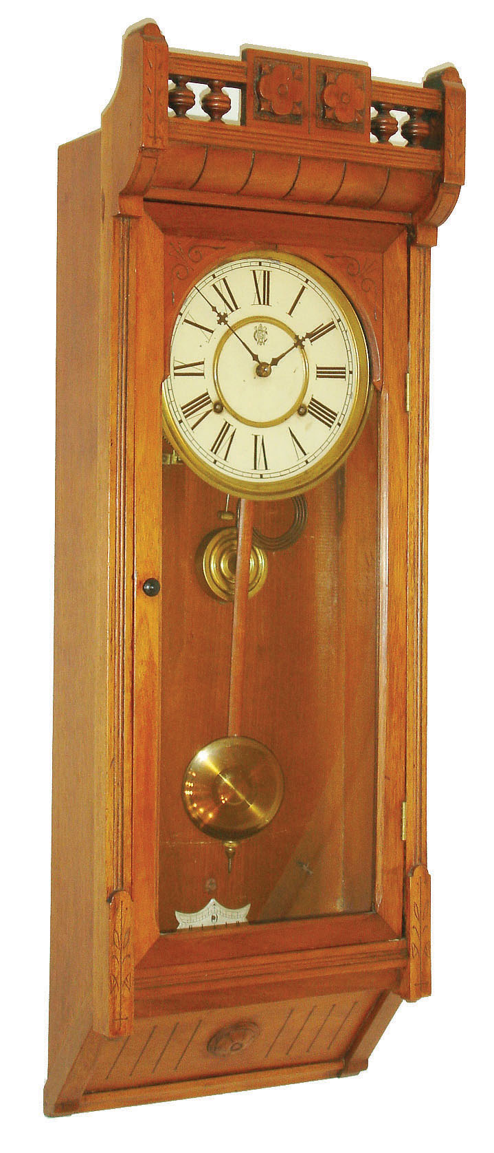 Waterbury Clock Co., Waterbury, Conn., "Stafford", 8 day, time and strike spring brass movement wall clock, c1883 — Antique Clocks Price Guide