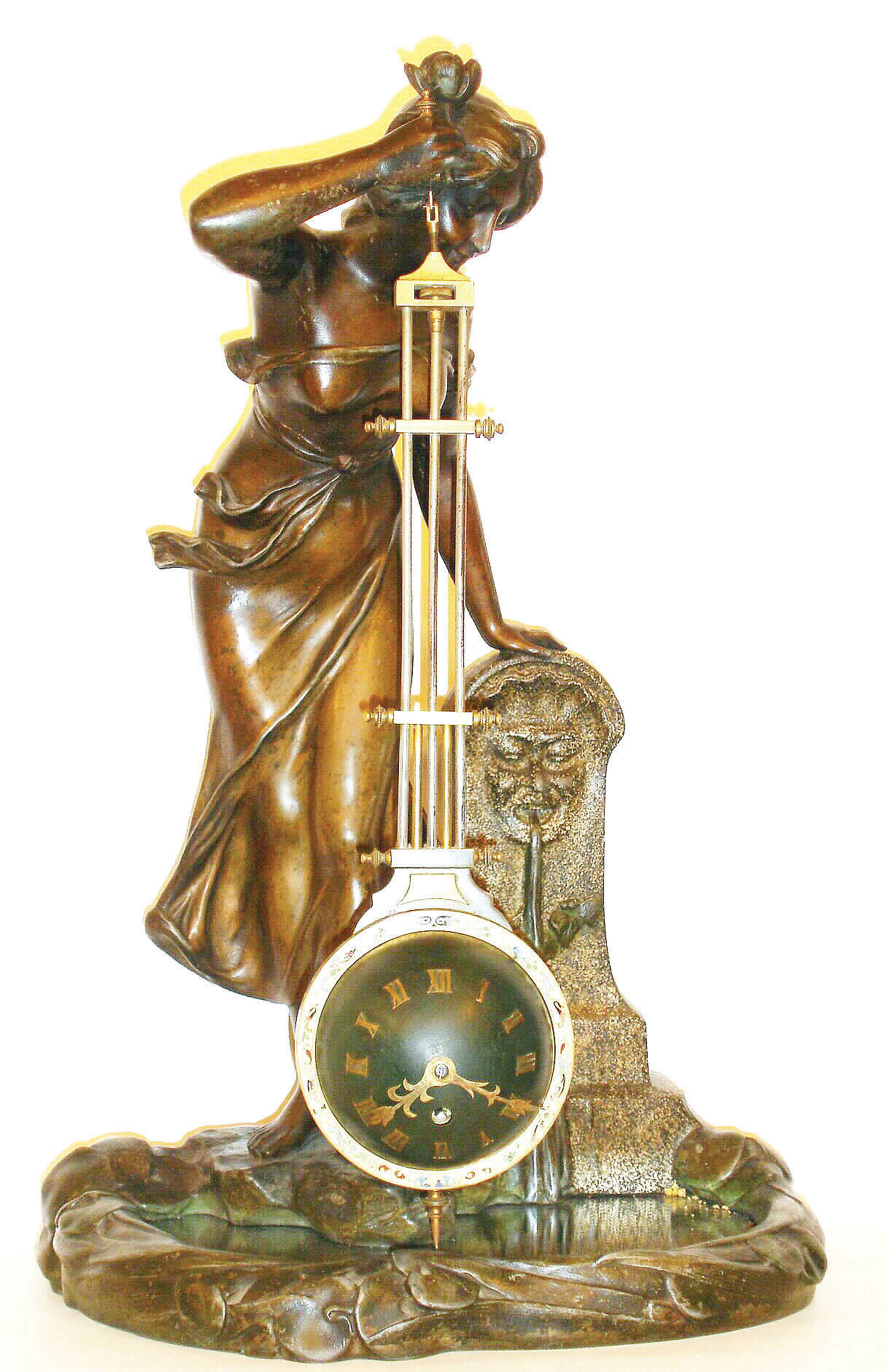 French, Le Roy & Cie, Mysterious timepiece, the movement contained within the ball of the pendulum and causing the pendulum to swing WITHOUT apparent impulse, the clock suspended from a patinated spelter female statue, leaning over a pond next to a fountain, with Paris foundry mark on the rear, c1885 — Antique Clocks Price Guide