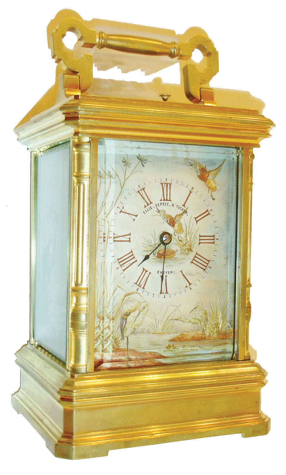 Louis Fernier, Paris, for Ellis, DePree & Tucker, Exeter, England, Gilt Anglaise Riche variant case with beveled glasses, heavily molded top and base with inset quarter columns, the front and sides with silvered panels, engraved and polychrome painted with scenes of ducks and egrets in a marsh, Roman numeral dial with blued steel hands, week going two train movement striking at the hour and half hour on a single gong, and repeating the hours on demand, movement back plate signed "L.F. Paris" and numbered 4750, silvered lever platform, c1885 — Antique Clocks Price Guide