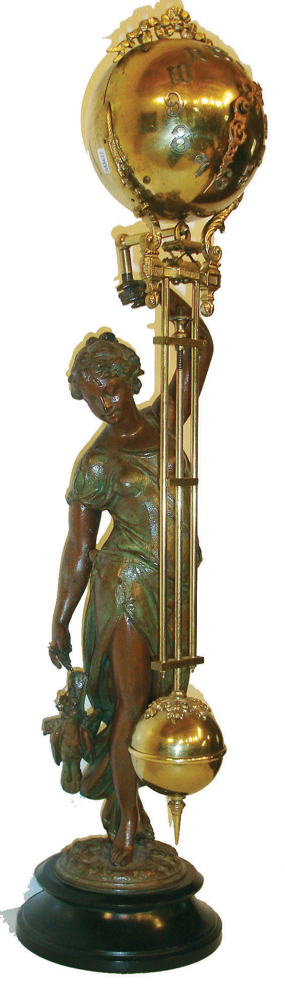 Ansonia Clock Co., Ansonia, New York, "Huntress" figural swinger, the patinated spelter figure of a young woman carrying game birds and holding the clock aloft in her right hand, mounted to an ebonized cast iron base, 8 day time only movement mounted inside a brass sphere with cast ribbon ornament and applied Arabic numerals, Louis XV style hands, the lower section in gridiron style with smaller sphere at the bottom, c1900 — Antique Clocks Price Guide